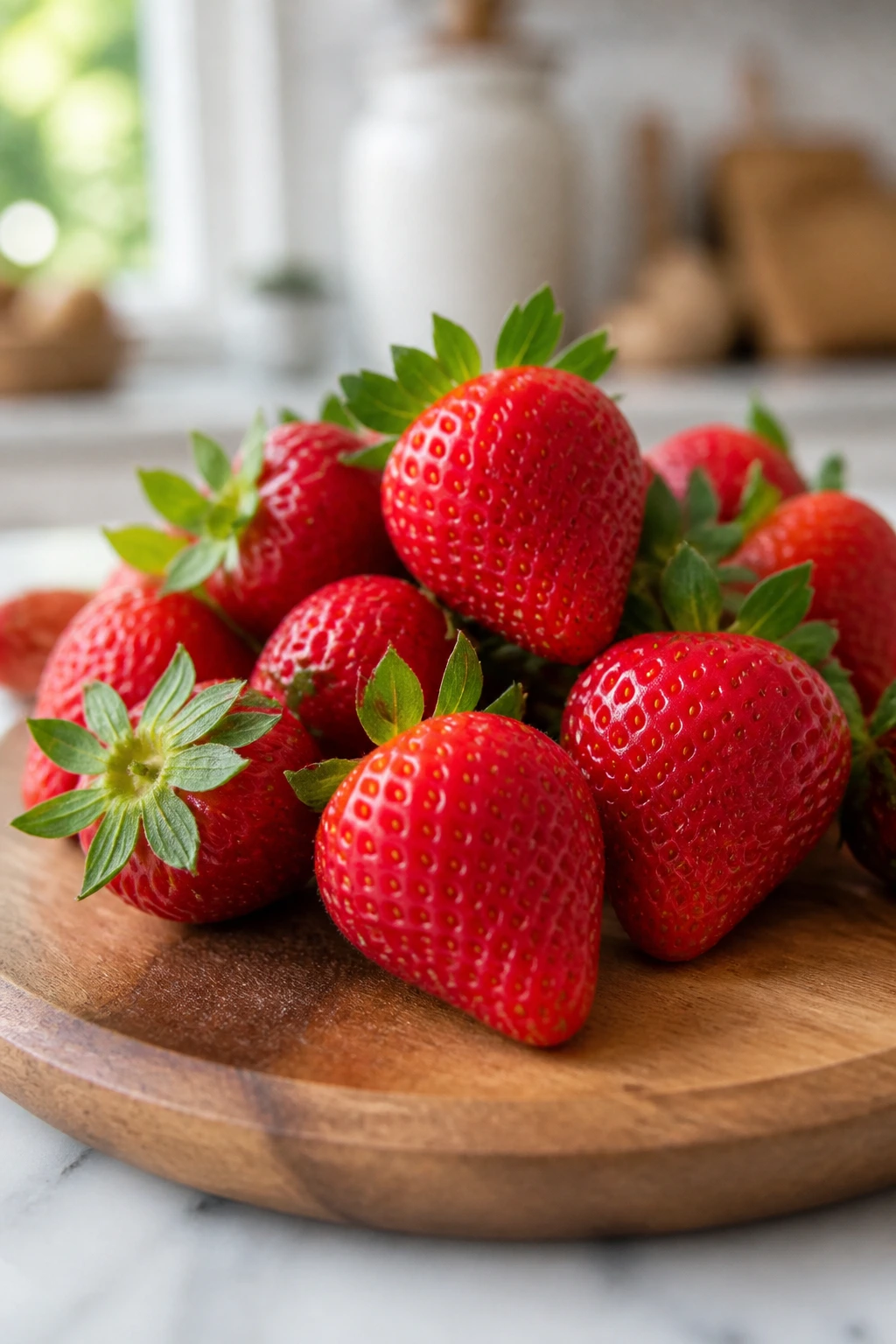What Are The Benefits of Strawberry for Babies? & The Risk? 9 Fresh strawberries on a wooden board in a bright kitchen