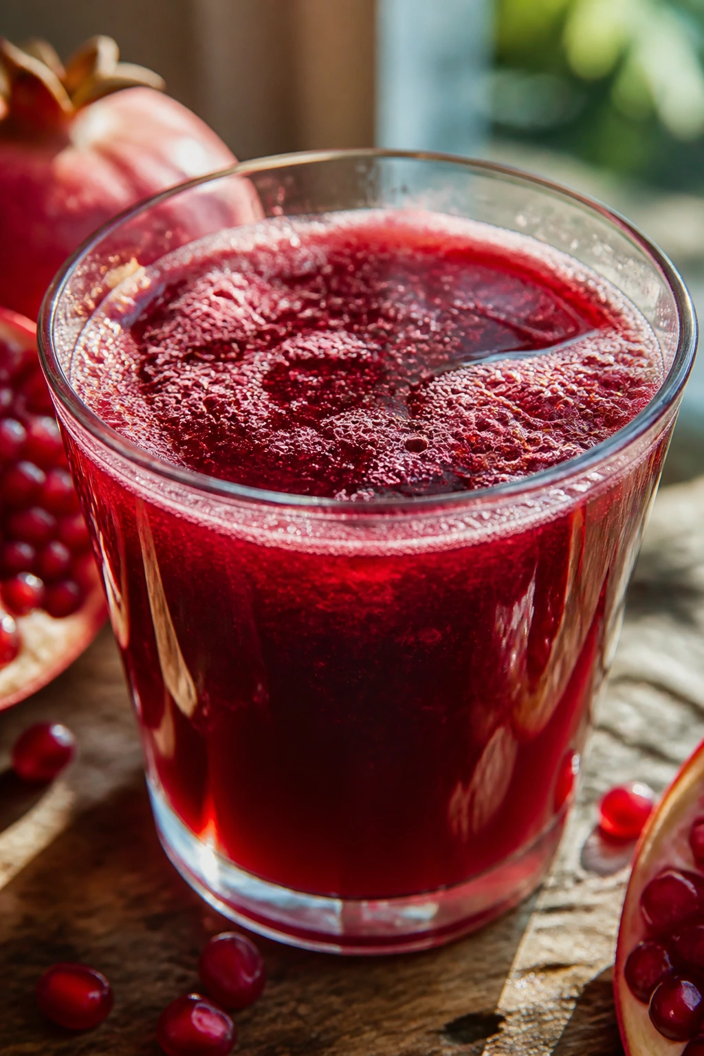 Close-up of freshly squeezed pomegranate juice in a glass on a rustic kitchen