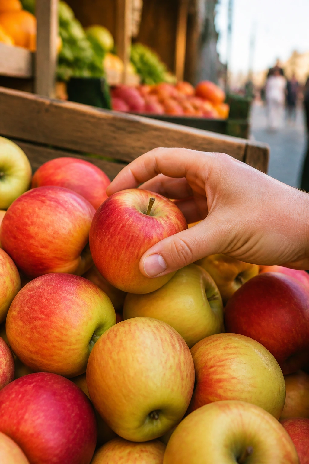 What Are Sub-Acid Fruits? Here's All You Need To Know 5 Hand selecting a bright sub-acid apple at an outdoor market