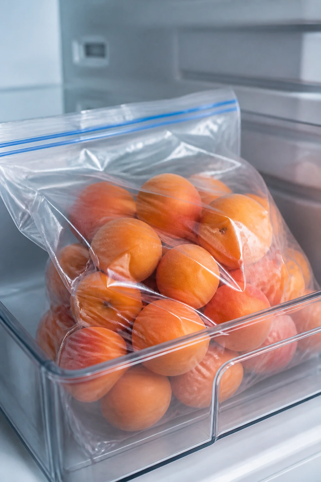 Close-up of apricots in a plastic bag inside a fridge drawer to keep them fresh