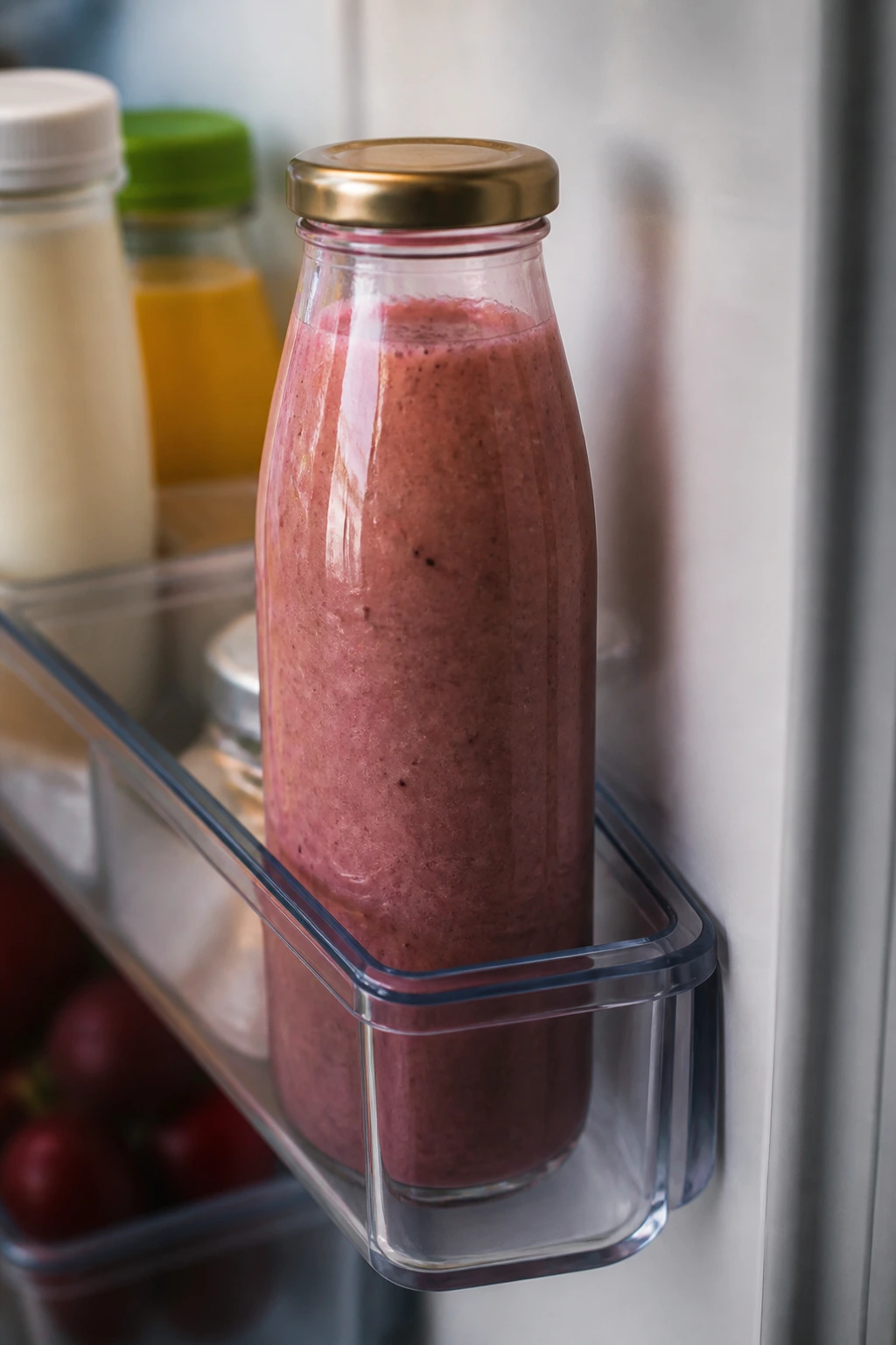 How Long Do Homemade Fruit Smoothies Last In The Fridge? 3 Close-up of a sealed smoothie bottle stored in a refrigerator