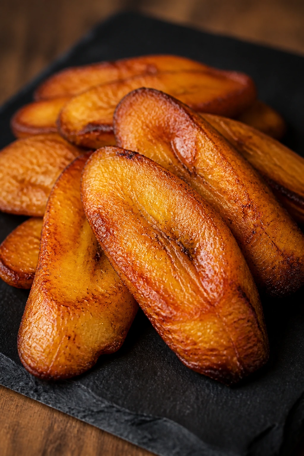 The 4 Different Types of Plantains: Their Differences 2 Golden fried plantains piled on a dark slate board
