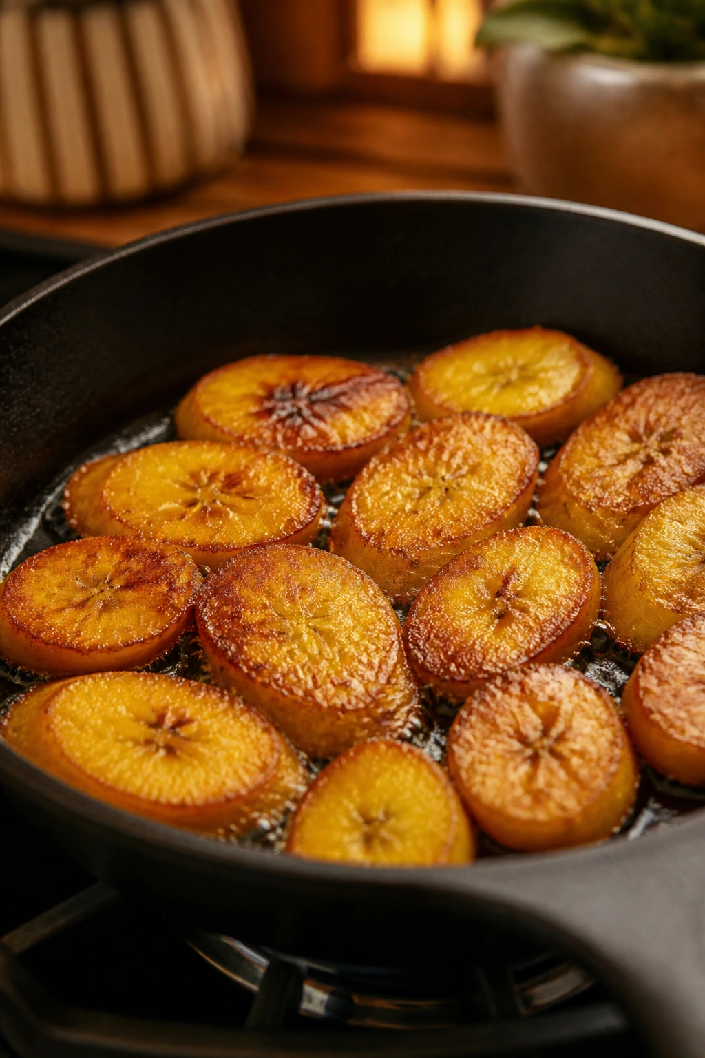 Can You Freeze Plantains? All You Need To Know 5 Golden fried plantain slices cooking in a skillet.