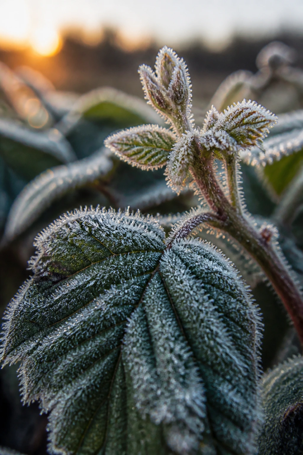 Can Blackberry Plants Survive Frost? 2 Frost on new blackberry growth in a garden at dawn