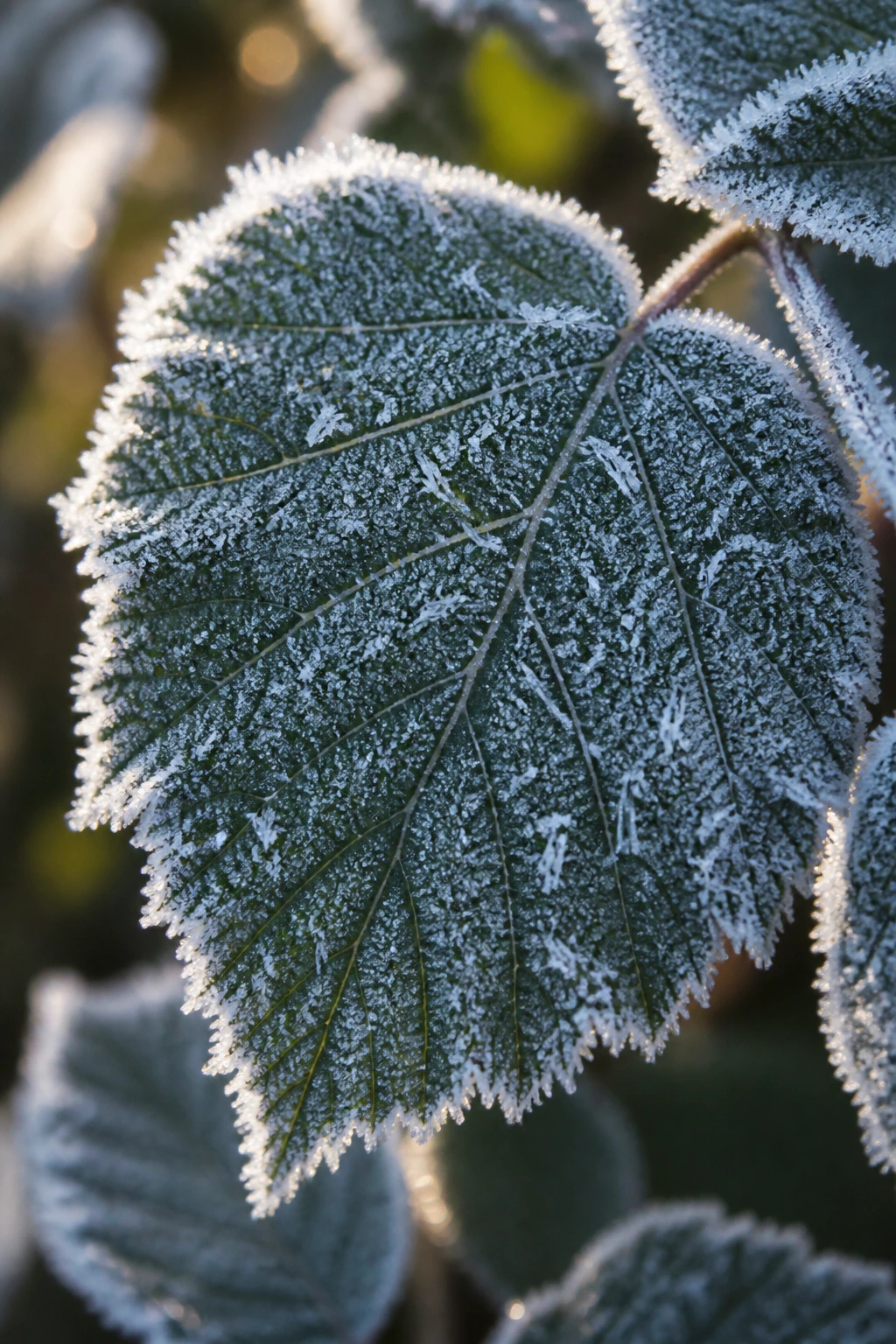 Can Blackberry Plants Survive Frost? 1 Close-up of frost crystals on a blackberry leaf in an outdoor garden at dawn