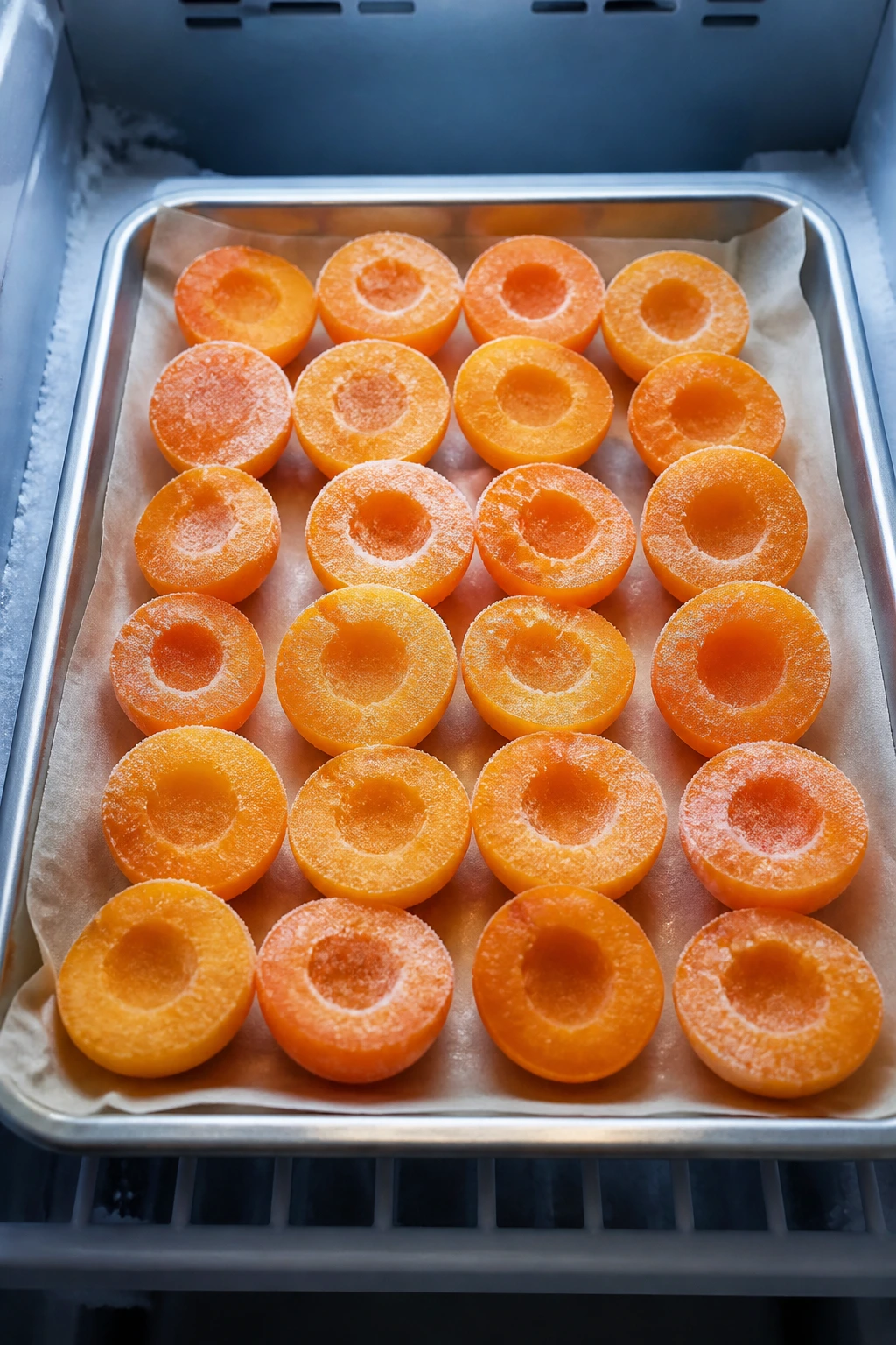 Apricot halves spread on a parchment-lined tray ready to be frozen