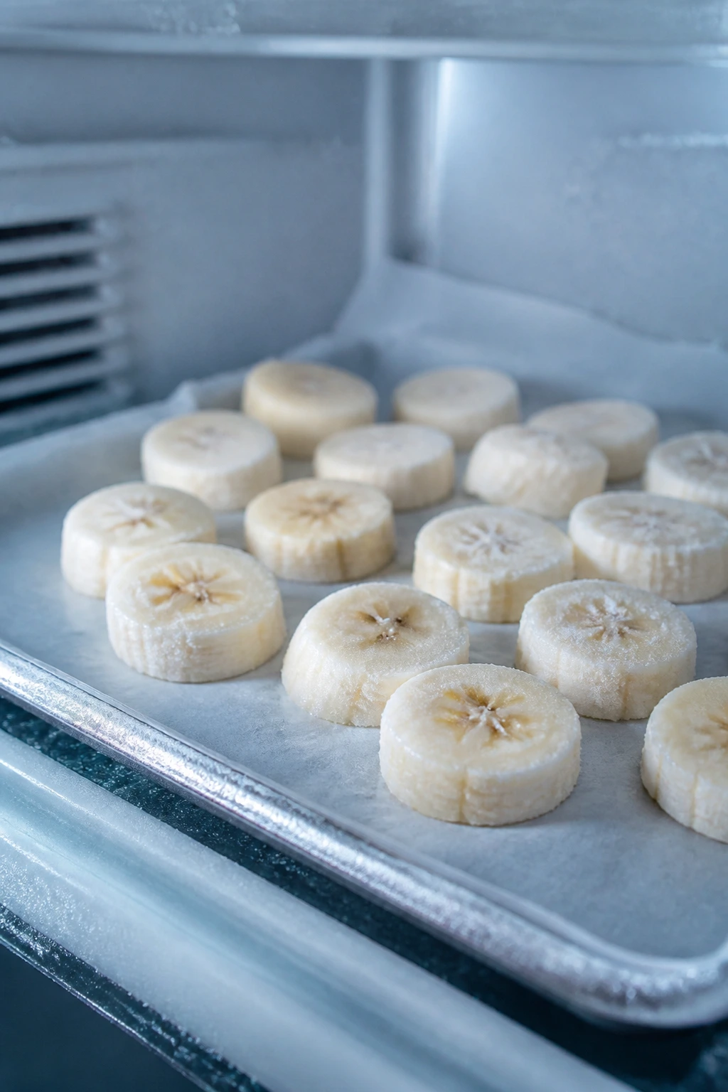 Frozen banana slices on a tray ready for freezing
