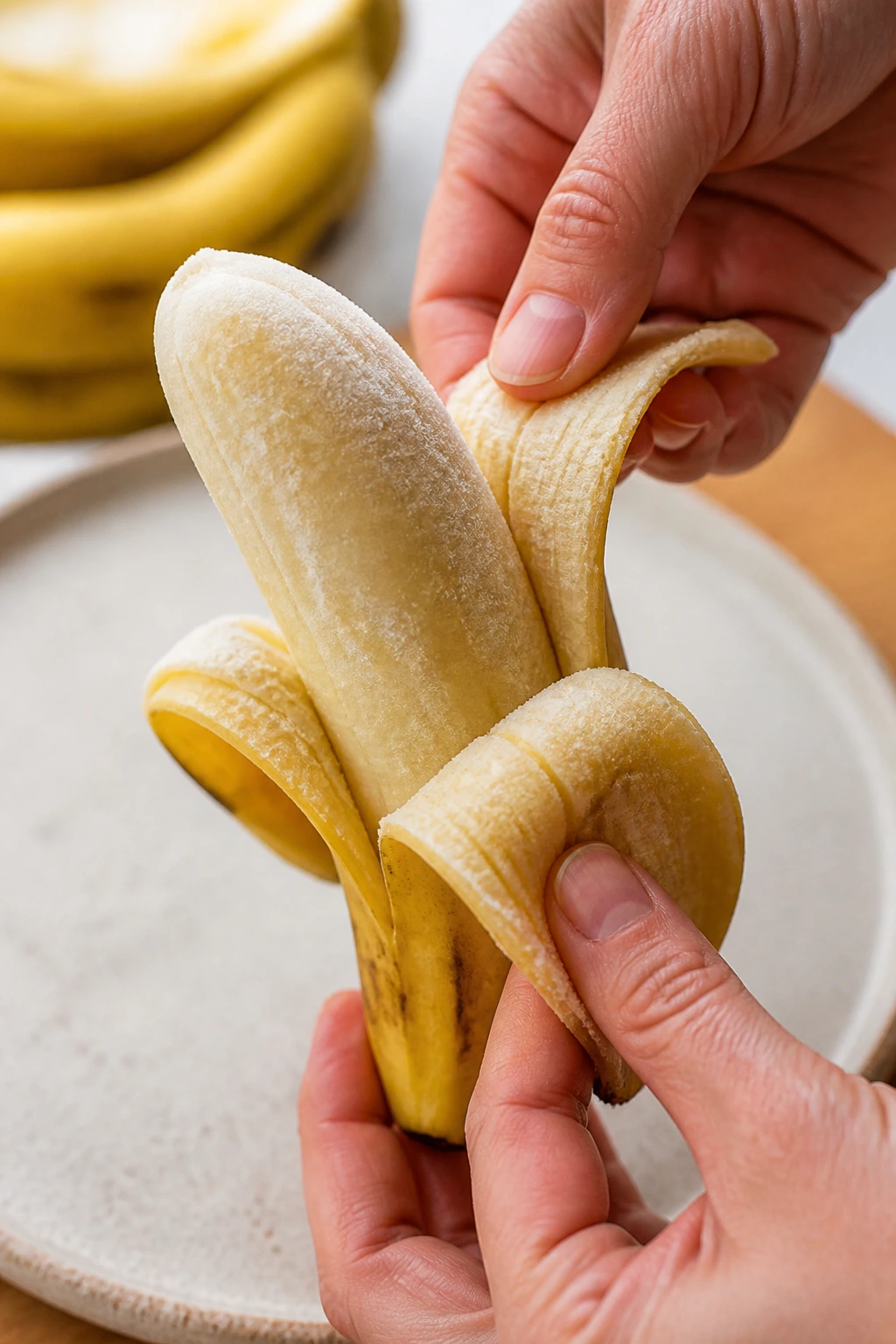 Mastering the Technique: How to Peel a Frozen Banana 3 Frozen banana being peeled by a hand on a cutting board