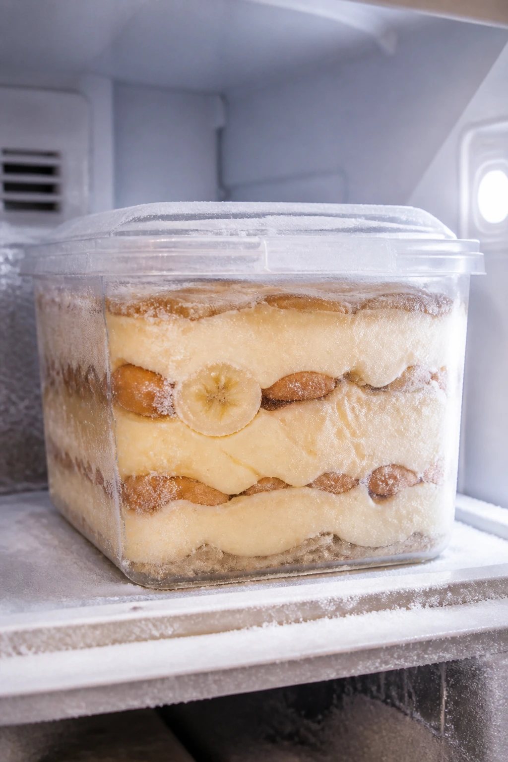 Banana pudding in a freezer-safe container with frost inside a freezer