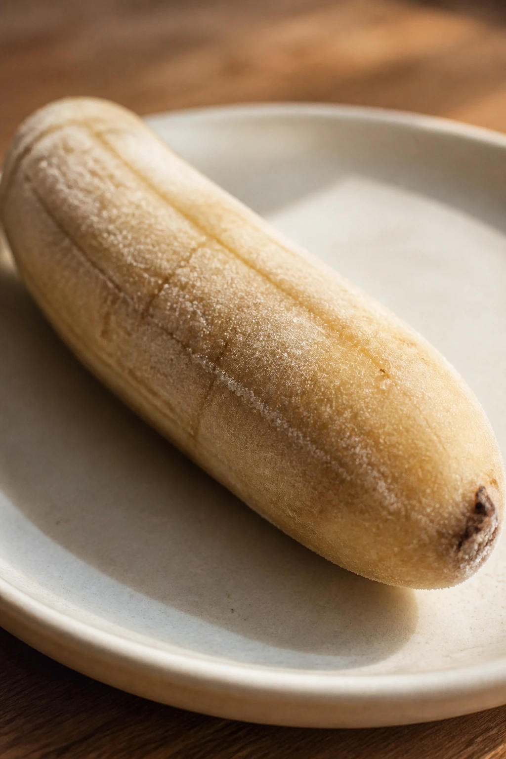 Mastering the Technique: How to Peel a Frozen Banana 2 Slightly thawed frozen banana on a plate in a cozy kitchen