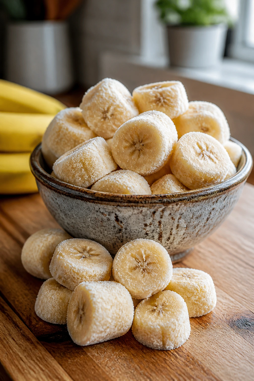 Are Frozen Bananas Healthy For You? What You Need to Know 1 Close-up of frosty frozen banana pieces in a rustic bowl on a kitchen counter