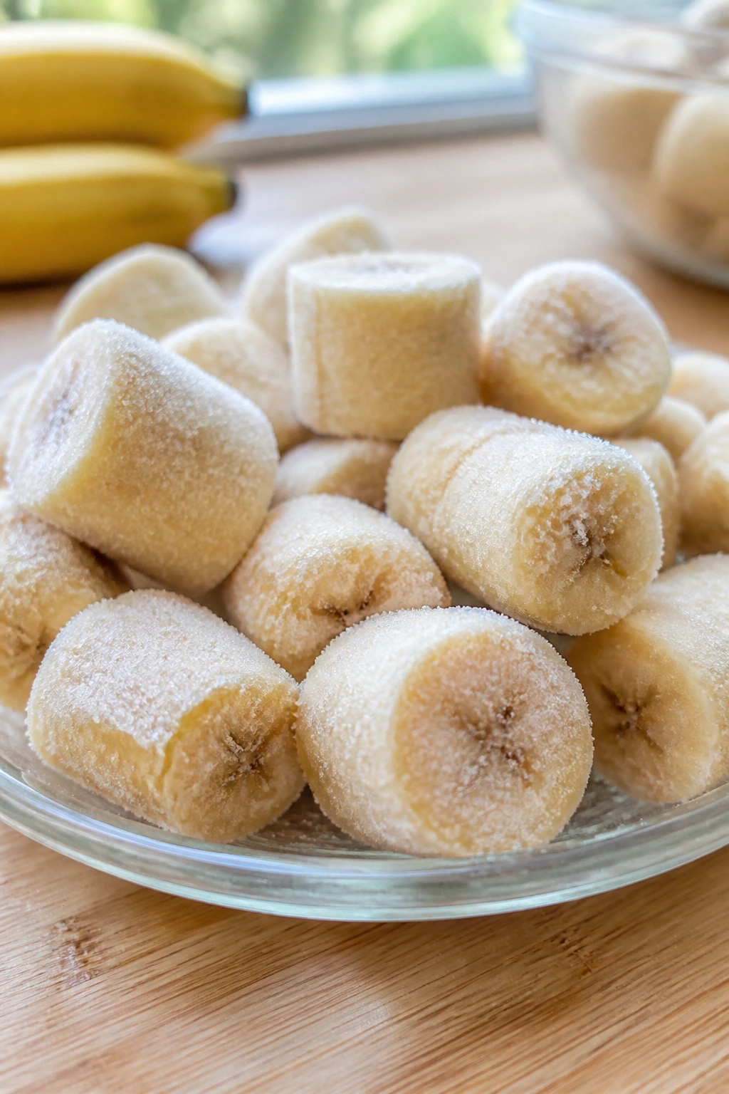 Thawing 101: How To Thaw Frozen Bananas Properly 3 Frozen banana chunks on a glass plate ready to thaw