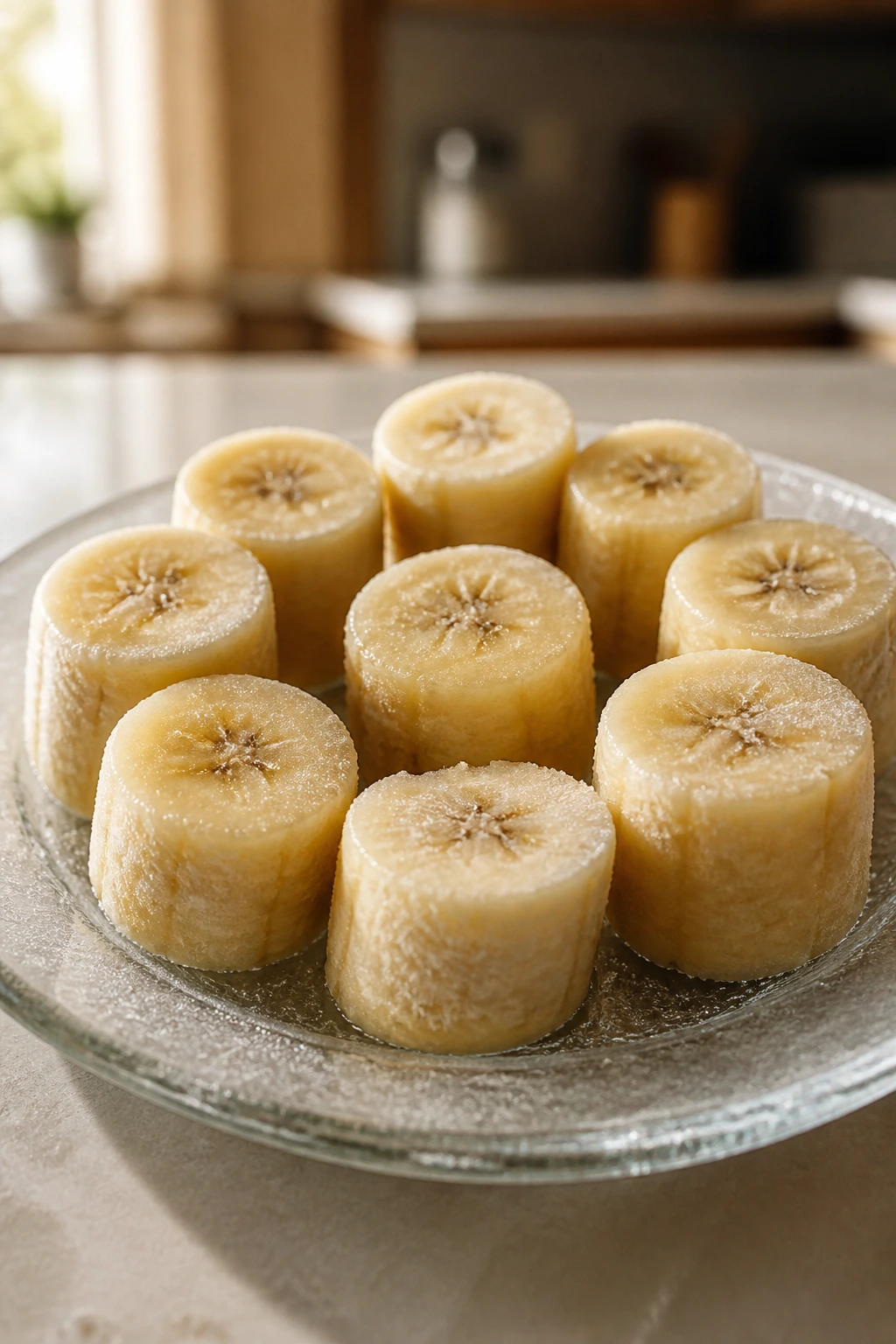 How Long Are Frozen Bananas Good For? All You Need To Know 8 Glossy frozen banana chunks arranged on a frosted plate in a warm kitchen.