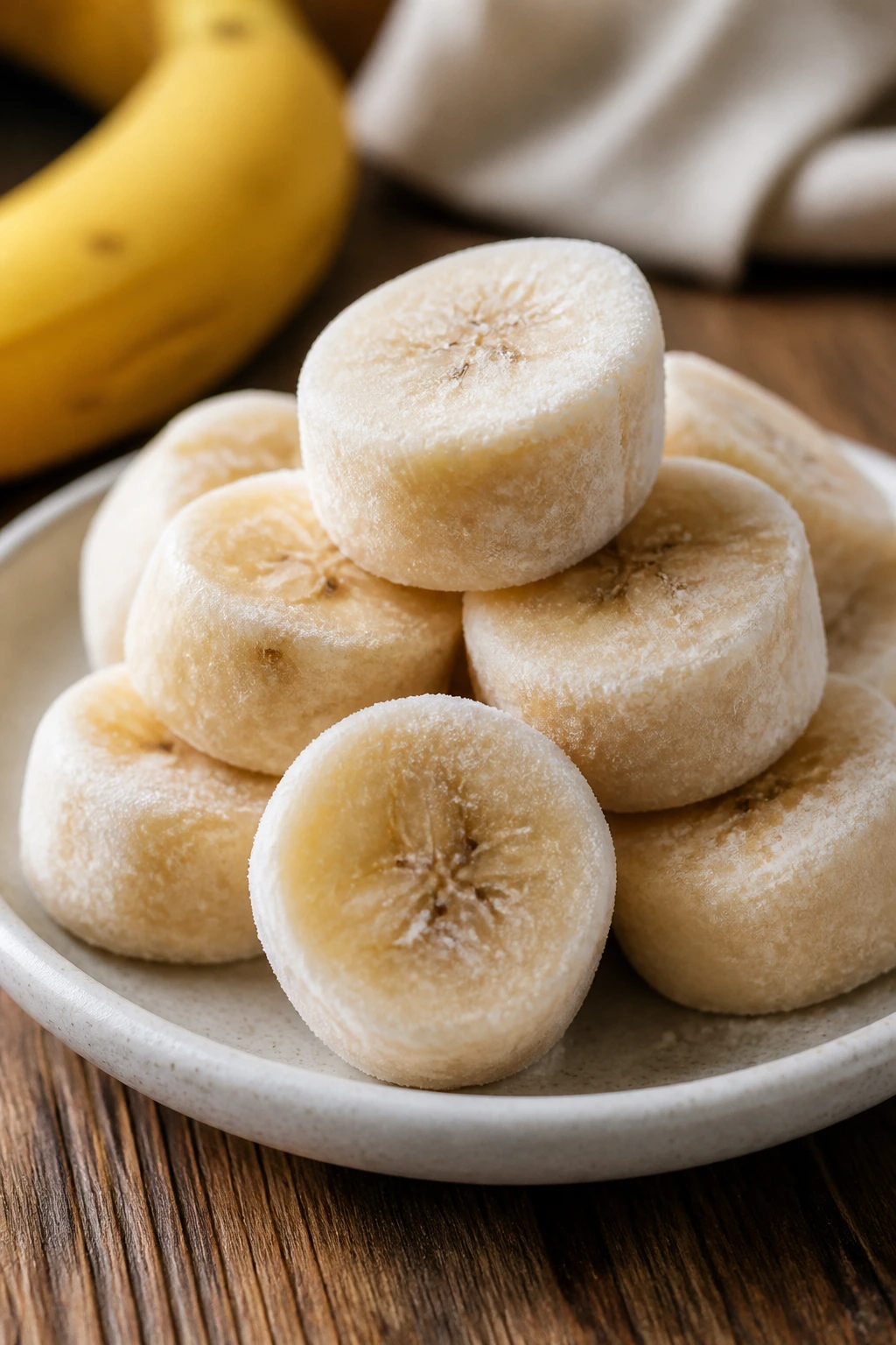 Are Frozen Bananas Healthy For You? What You Need to Know 3 Frozen banana bites on a plate in a warm kitchen