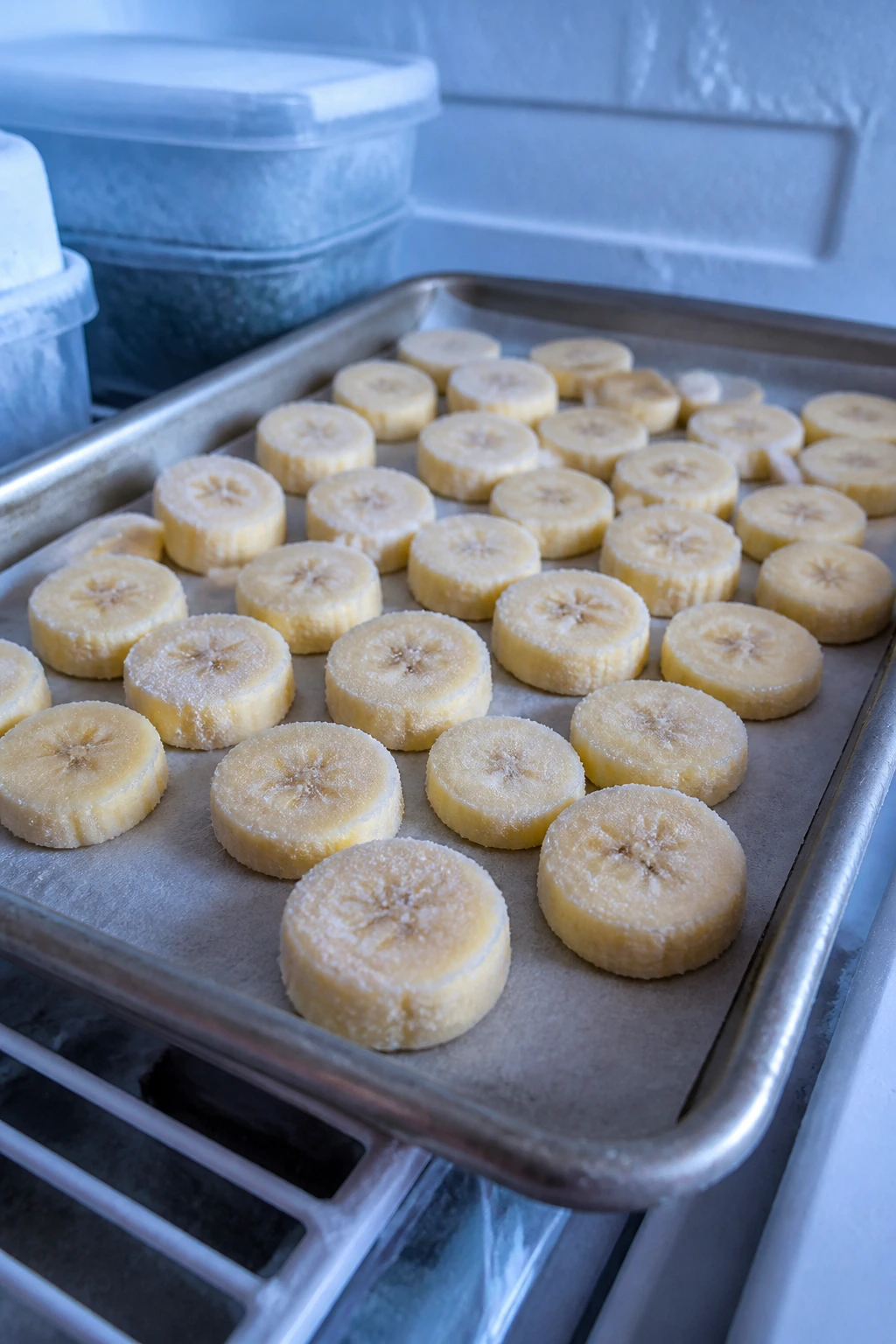 How Long Are Frozen Bananas Good For? All You Need To Know 3 Close-up of frozen banana slices on parchment in a freezer, frost crystals visible.