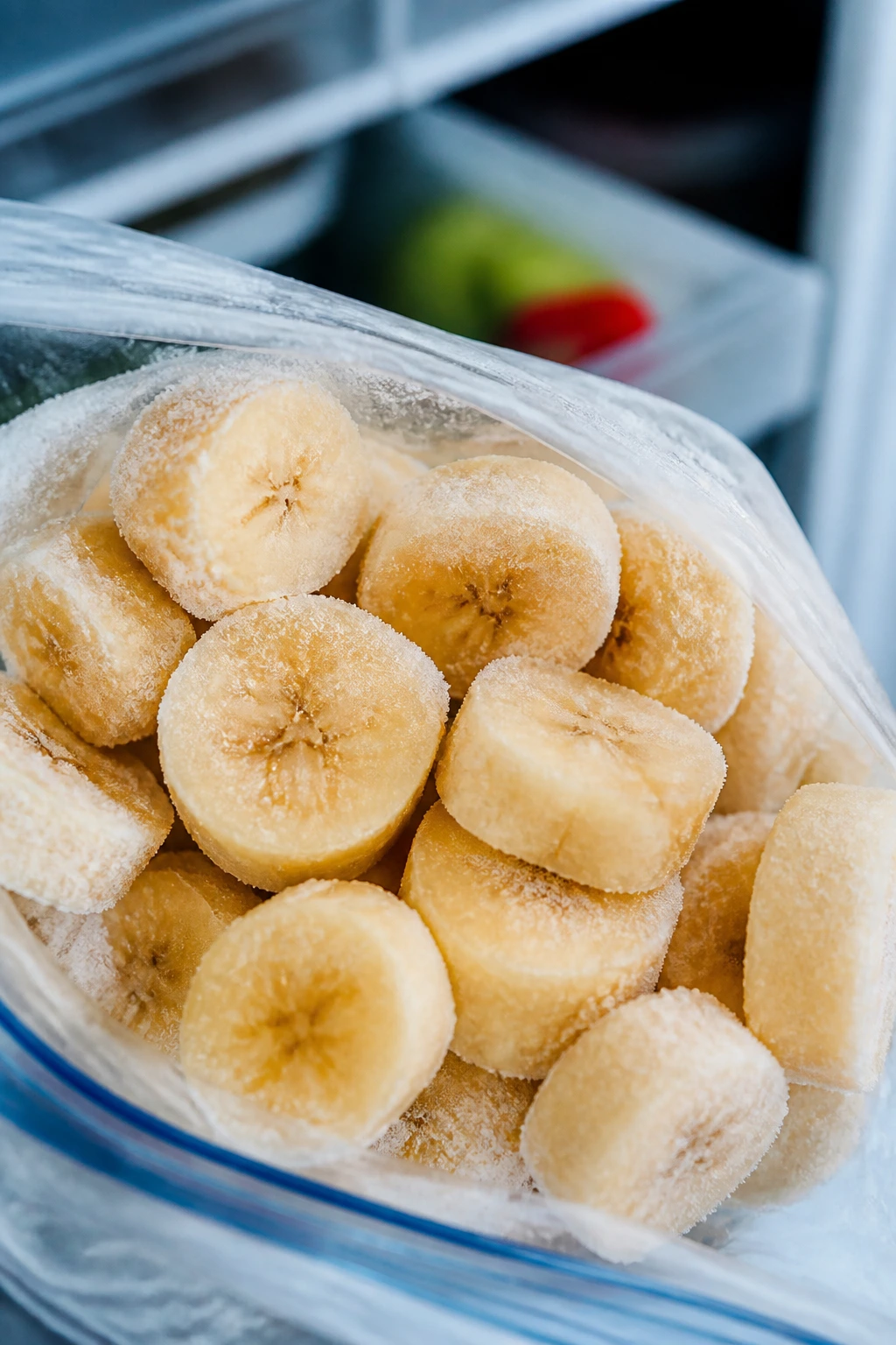 Are Frozen Bananas Healthy For You? What You Need to Know 2 Close-up of frozen banana slices in a clear freezer bag