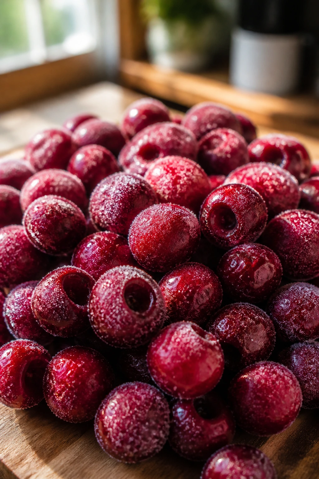 Close-up of frozen cherries with frost on a warm kitchen counter
