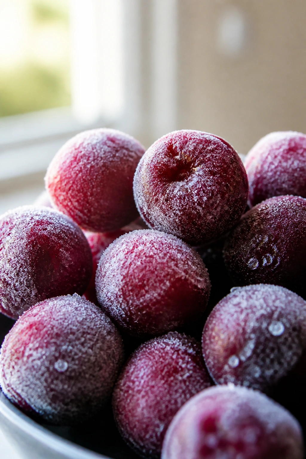 Frozen cherries highlighting health benefits through vibrant color and frost