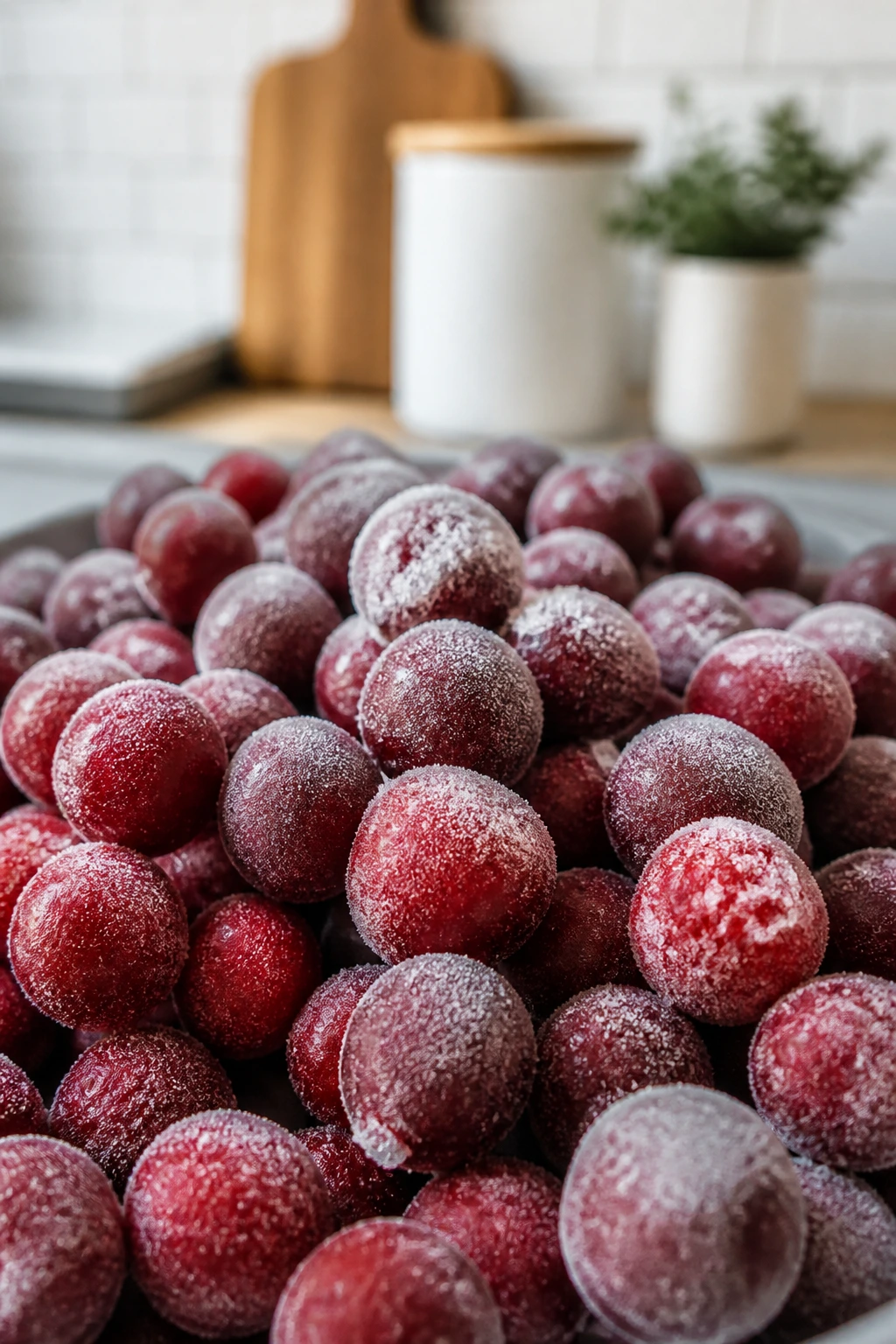 Close-up of frozen cherries on kitchen surface, ready to use in recipes