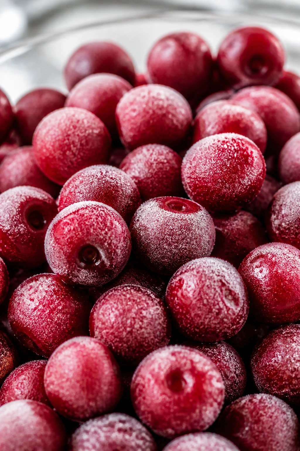 Close-up of frozen cherries highlighting color and frost on kitchen counter