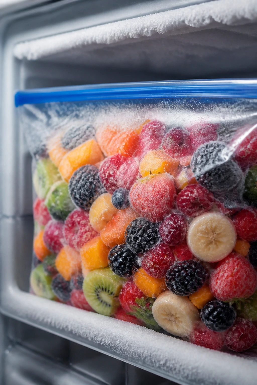 How Long Does Frozen Fruit Last In The Freezer? 2 Bag of mixed frozen fruits inside a freezer to illustrate fruit type longevity