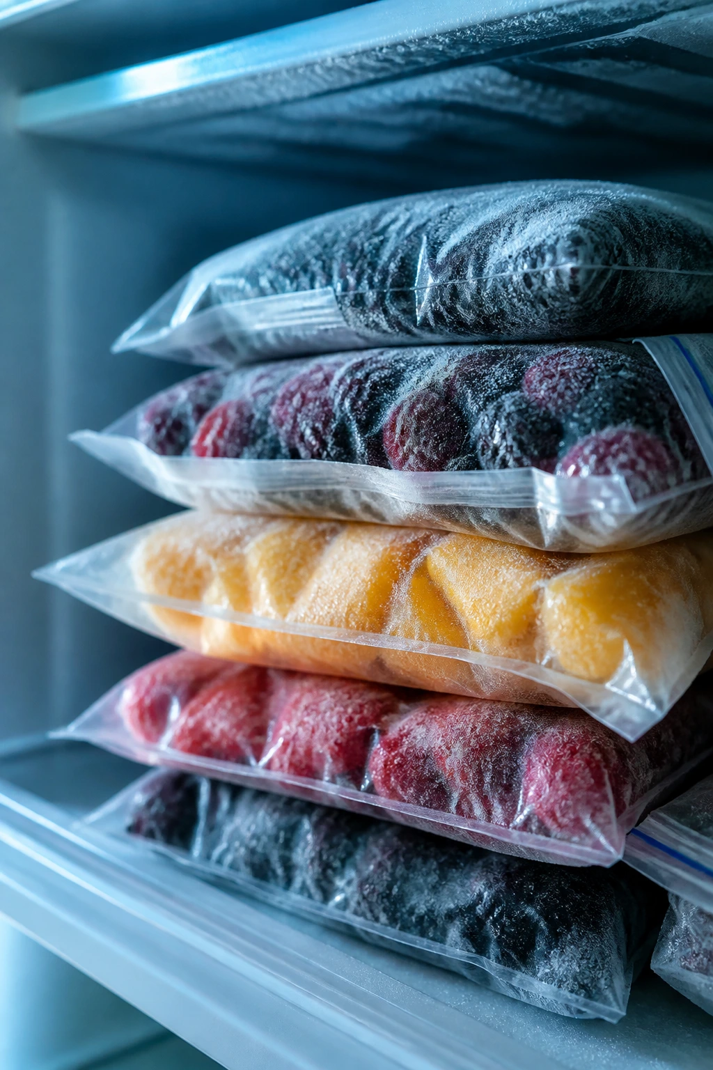 How Long Does Frozen Fruit Last In The Freezer? 6 Stacked frozen fruit bags in a freezer to show maximizing shelf life