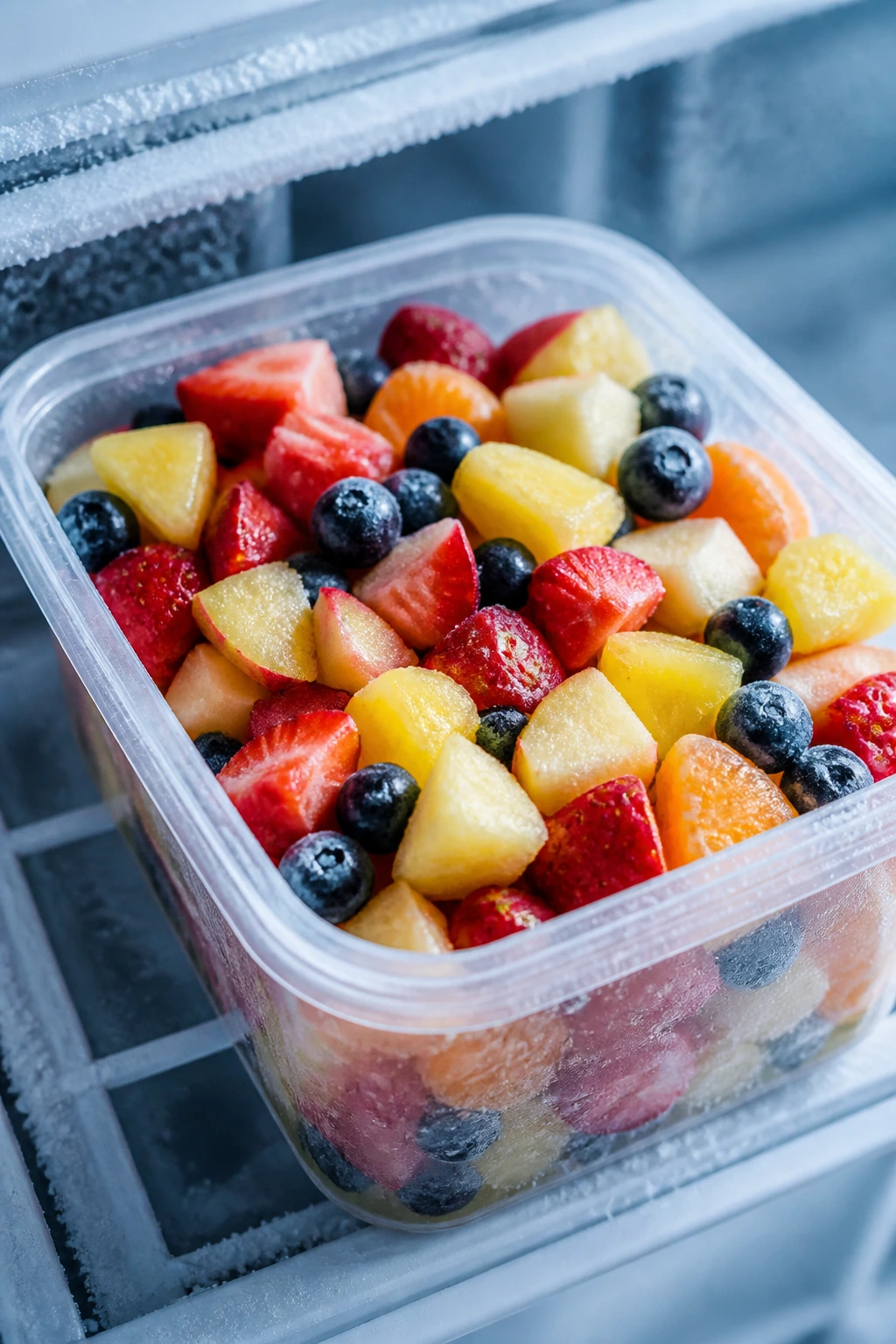 Storing Your Fruit Salad to Last - Freezing Fresher, Longer 3 Close-up of a freezer container filled with mixed frozen fruit salad.