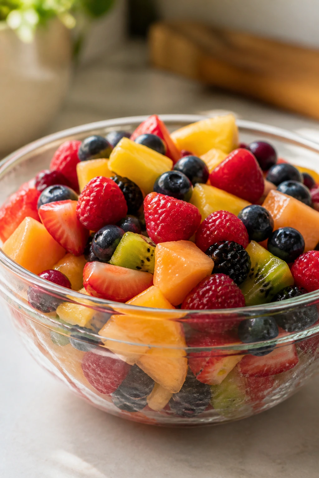 Storing Your Fruit Salad to Last - Freezing Fresher, Longer 9 Close-up of thawed frozen fruit salad in a glass bowl on a kitchen counter