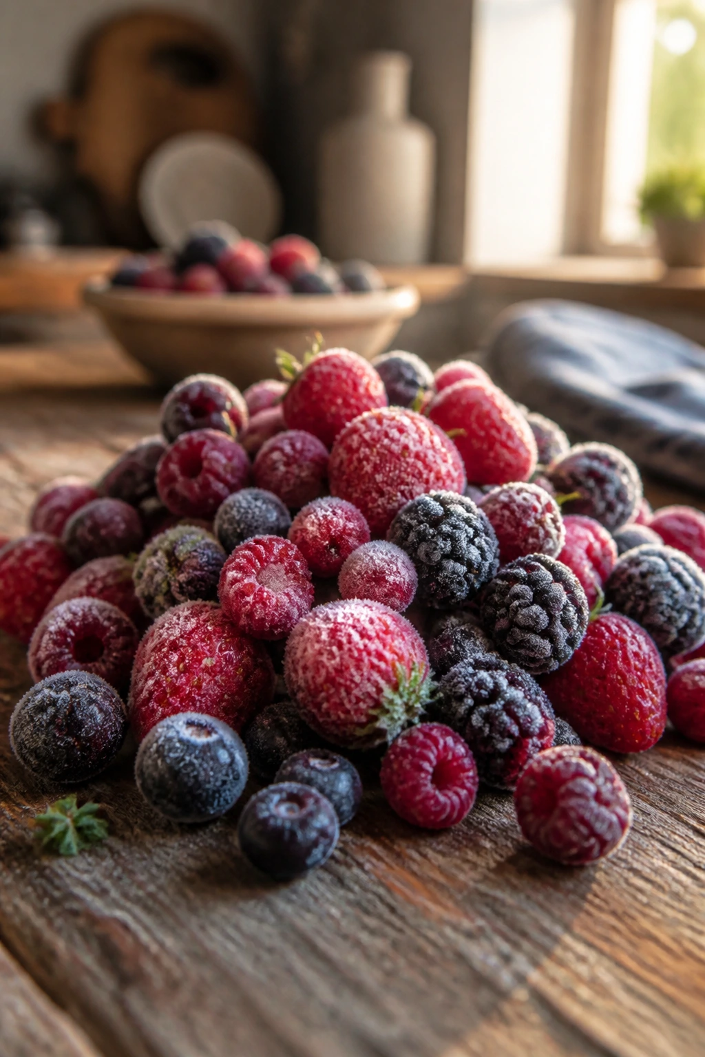 Can You Make Juice From Frozen Fruit? All You Need To Know 1 Close-up of frozen berries on a wooden surface ready for juicing