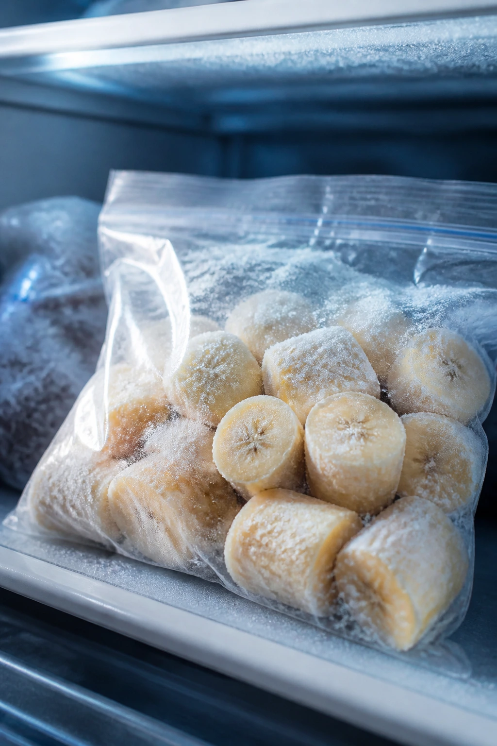 Can You Freeze Plantains? All You Need To Know 2 Frozen plantain pieces in a freezer bag inside a home freezer.