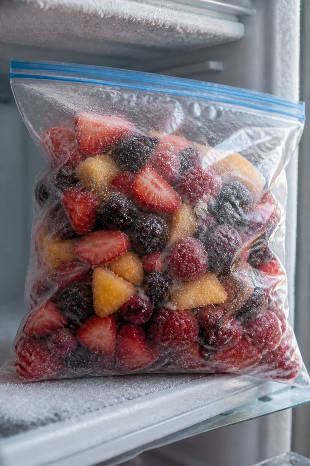 How Long Does Frozen Fruit Last In The Freezer? 1 Close-up of airtight freezer bag with frozen fruit in a freezer to illustrate proper storage method