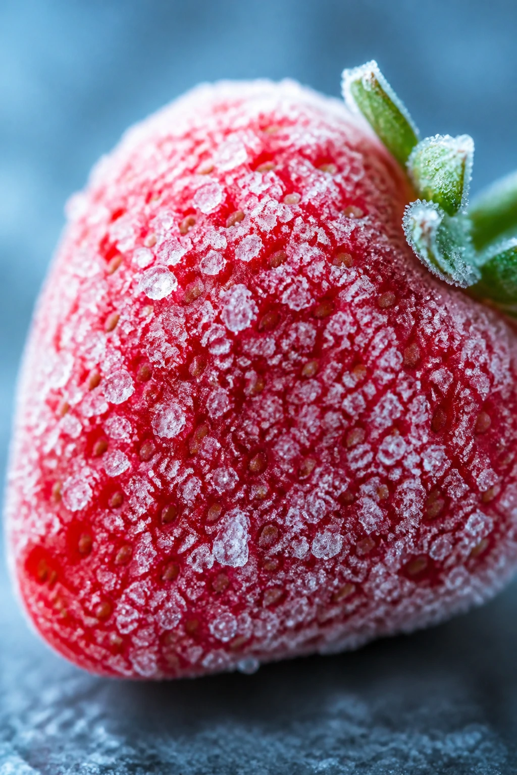 Close-up of a frozen strawberry with frost filling the frame