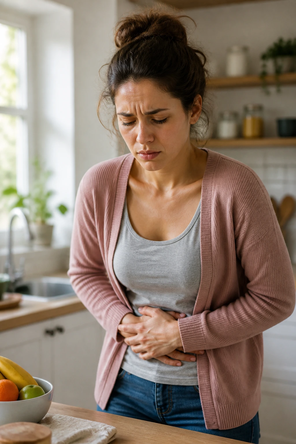 Person showing abdominal discomfort in a kitchen