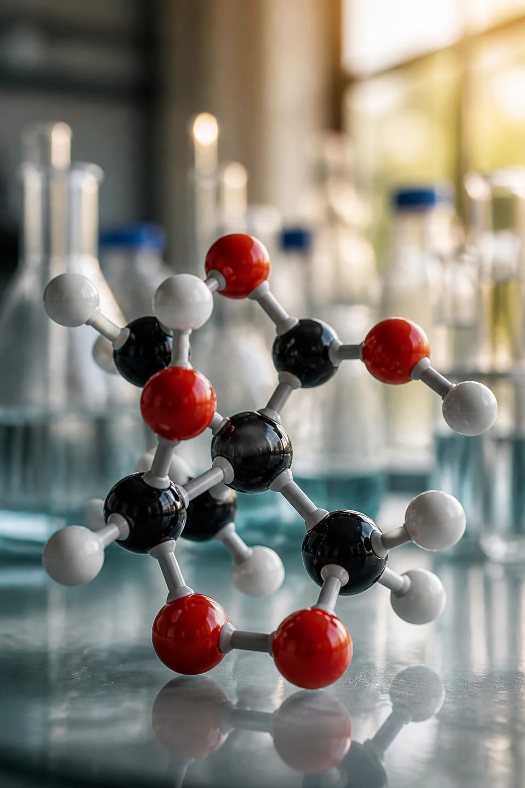 Macro close-up of fructose molecule model on lab bench