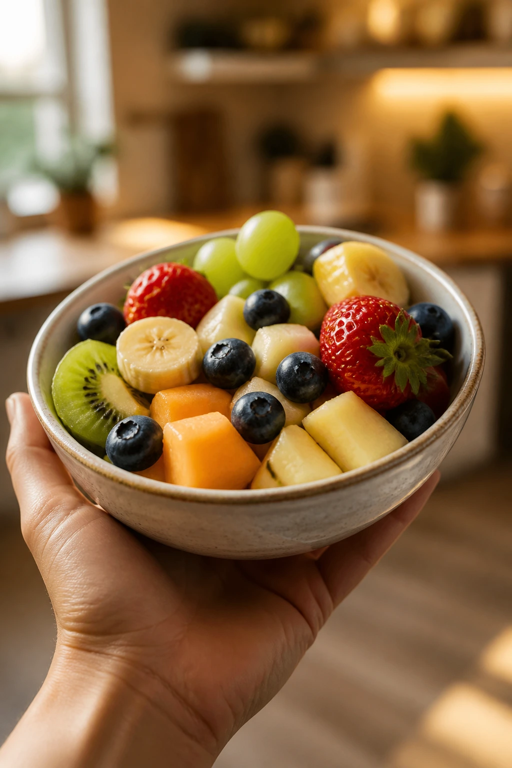 Is Eating Fruits At Night Good For Weight Loss? Find Out Now 11 Hand holding bowl of mixed fruits in warm kitchen lighting