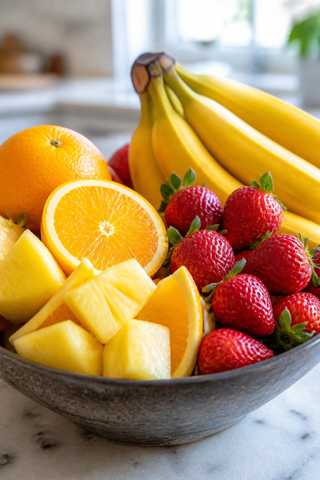 10 Amazing Fruits That Are Good For Vertigo 2 Close-up of a bowl of mixed fruits highlighting bananas, strawberries, oranges, and pineapple