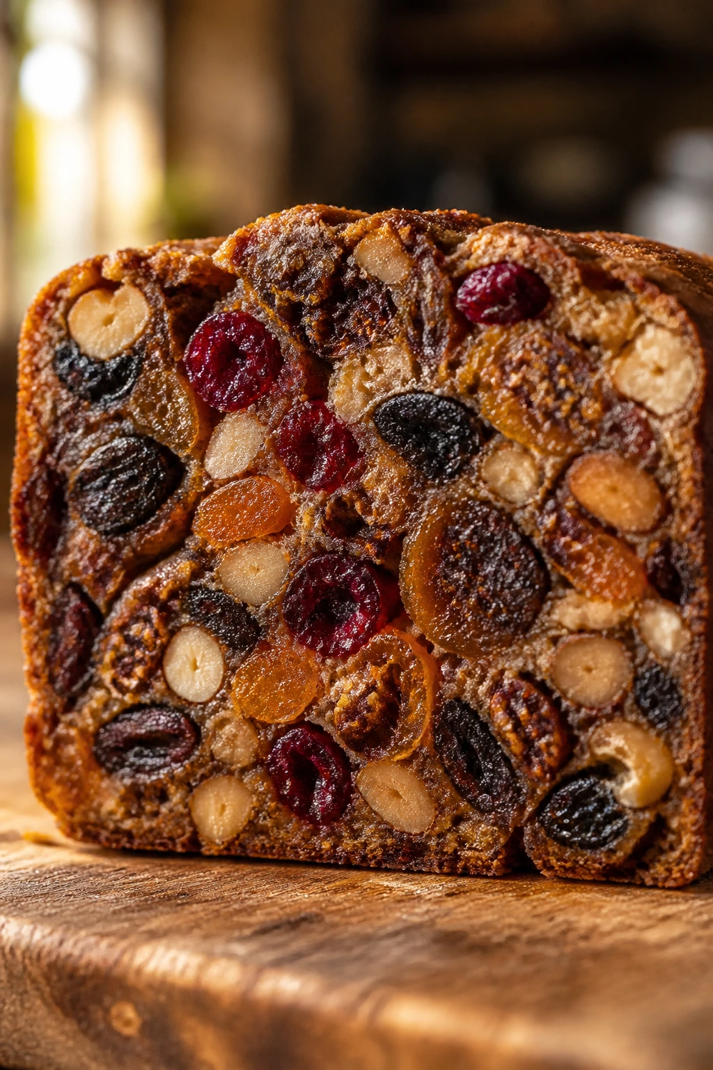 What Does Fruit Cake Taste Like? 1 Close-up cross-section of fruit cake showing dried fruits and nuts on a wooden board