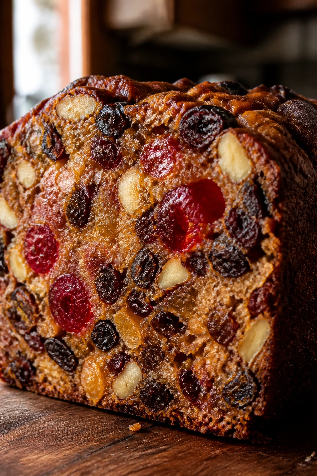 What Does Fruit Cake Taste Like? 2 Close-up of fruit cake slice highlighting fruity pieces, zest, and nuts