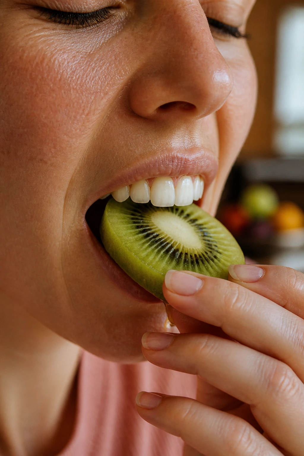 Close-up of a mouth with fruit slices touching teeth to show fruit's effect on enamel and saliva.