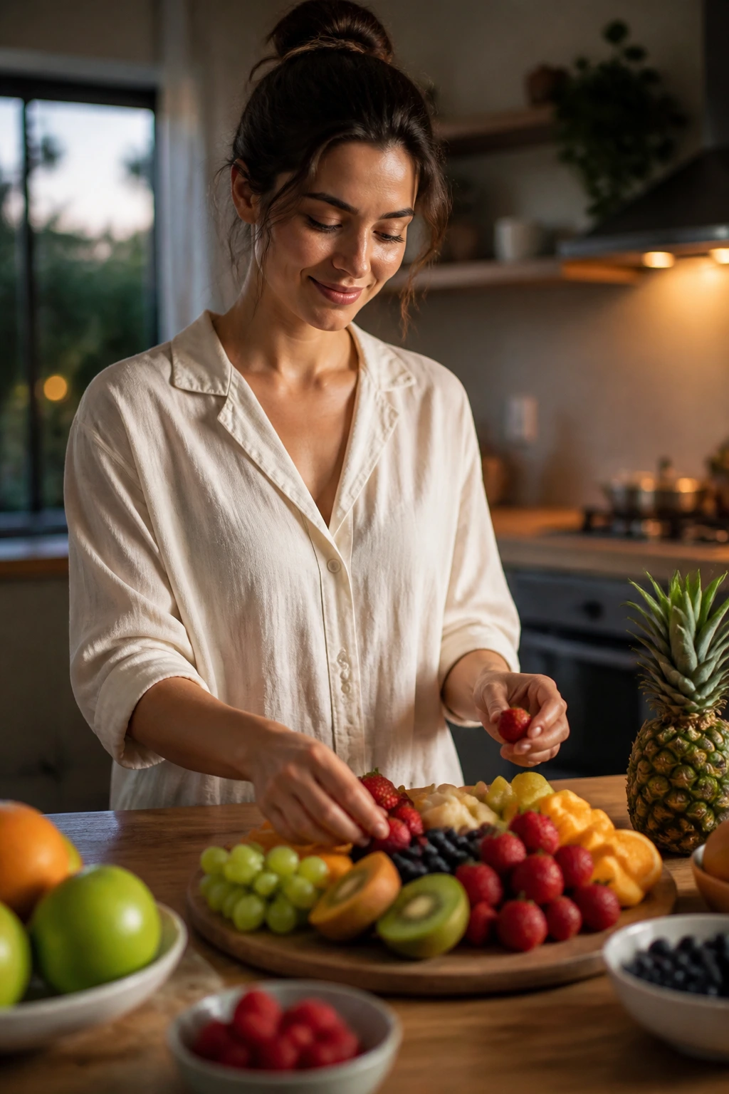 Person planning an evening fruit plan in a cozy kitchen