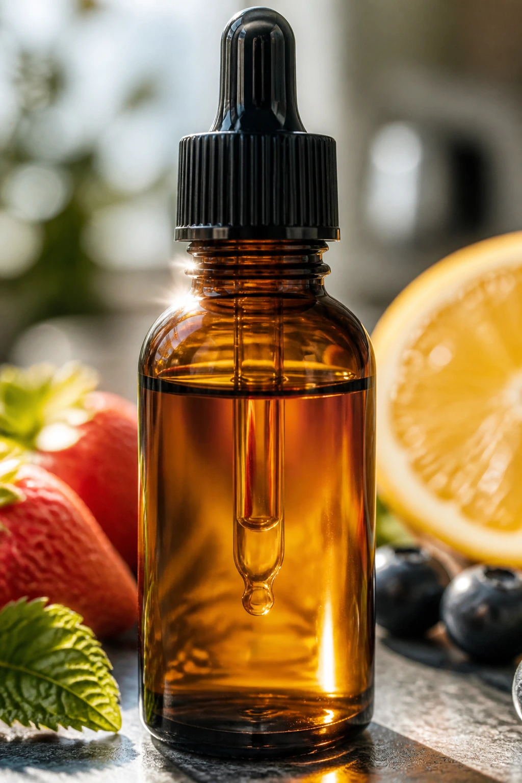 Close-up of an amber glass dropper bottle containing fruit extract on a kitchen counter
