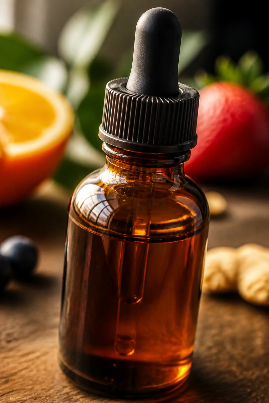 Close-up of an amber glass bottle with fruit extract on a kitchen counter