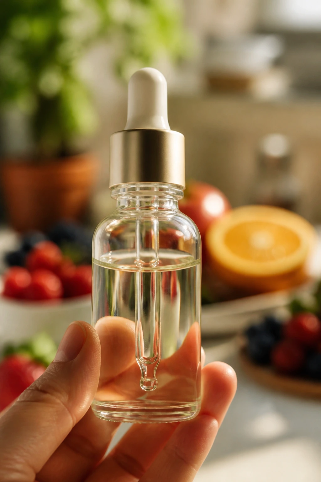 Close-up of a glass dropper bottle with clear liquid representing fruit extract.
