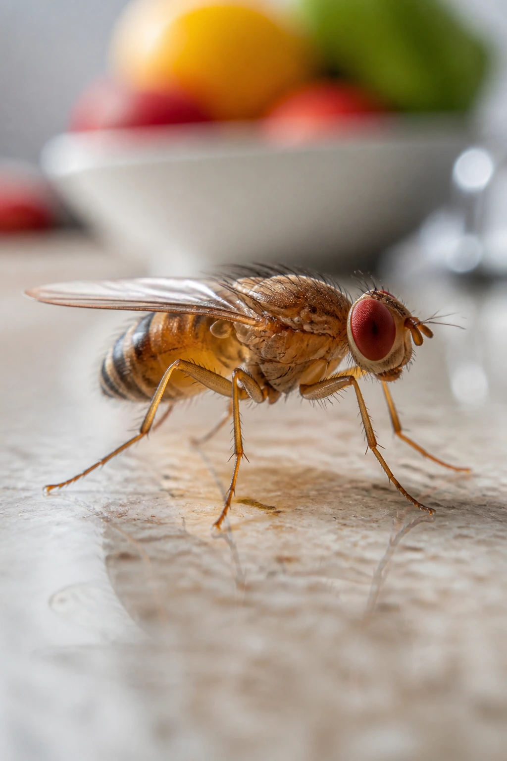 Difference Between Fruit Flies And Gnats: 7 Key Differences 4 Close-up of a single fruit fly with red eyes in a kitchen