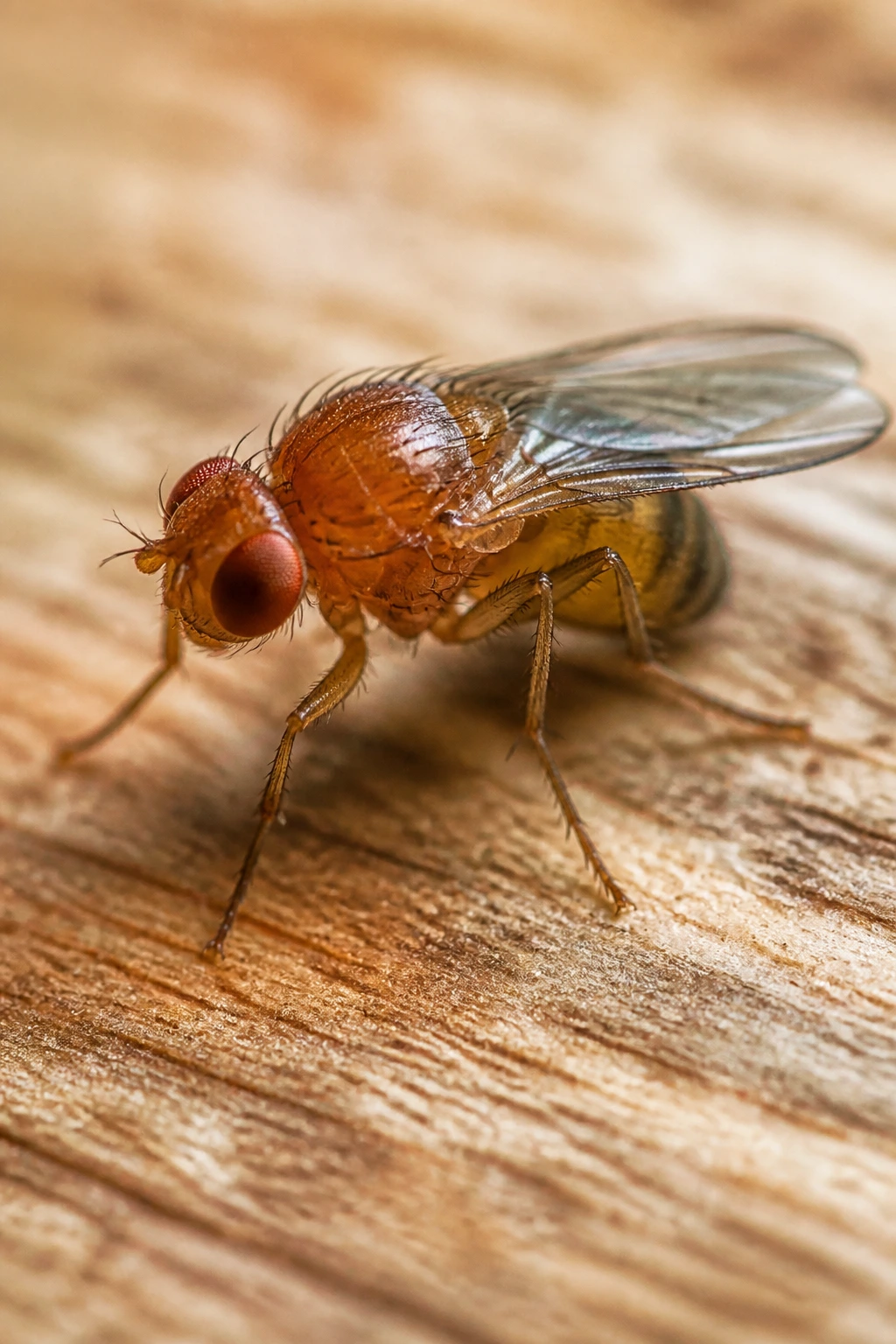 Difference Between Fruit Flies And Gnats: 7 Key Differences 14 Close-up of a single fruit fly on wood showing differences at a glance.