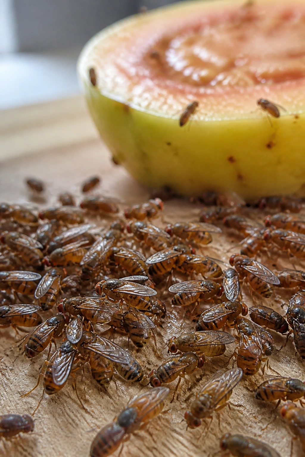 How Can You Tell If A Guava Is Ripe: Indicators to Look For 7 Macro shot of fruit flies around a ripe guava half on a wooden cutting board.