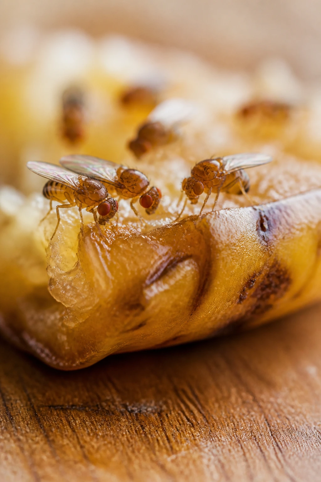 How to Keep Fruit Flies Away from Bananas: 100% Working Tips 1 Close-up of fruit flies on a piece of overripe fruit in a kitchen