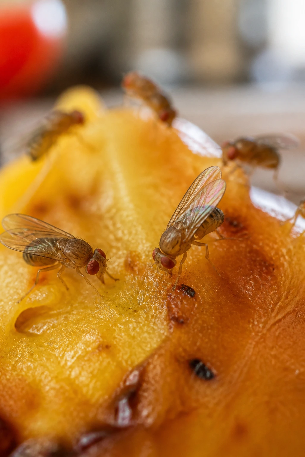 Difference Between Fruit Flies And Gnats: 7 Key Differences 3 Close-up of tiny fruit flies on a ripe fruit in a kitchen