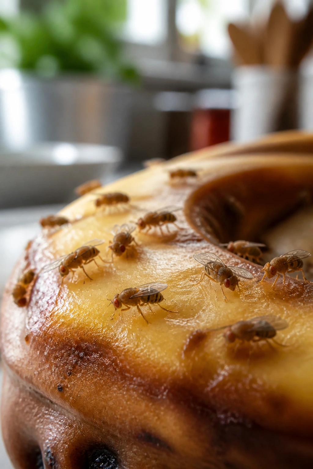 Close-up of fruit flies on rotting fruit in a kitchen, highlighting potential disease transmission