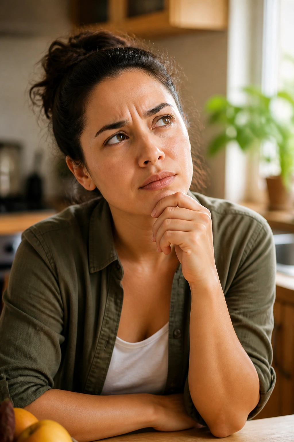 Portrait of a person in a kitchen thinking about fruit fly questions